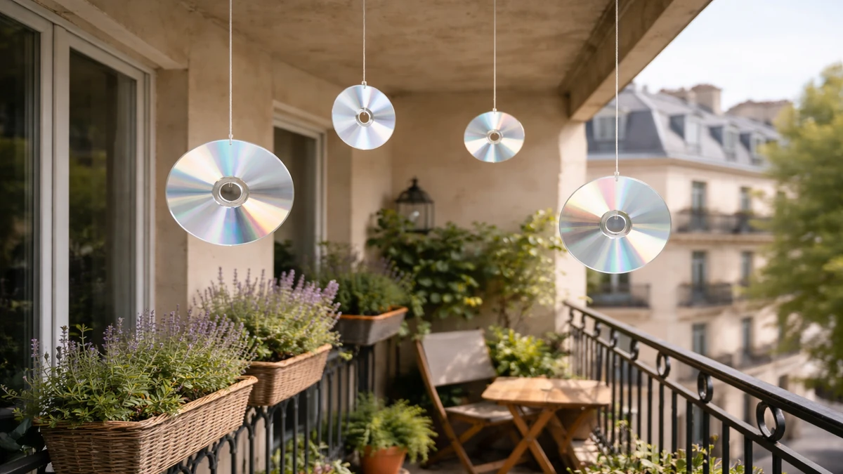 CD suspendus au plafond d’un balcon pour tenter d’éloigner les pigeons grâce aux reflets lumineux.