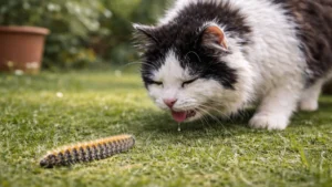 Chat observant une chenille processionnaire isolée dans un jardin, situation à risque pour le museau et la langue.