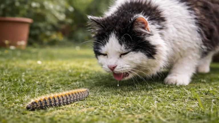 Chat observant une chenille processionnaire isolée dans un jardin, situation à risque pour le museau et la langue.