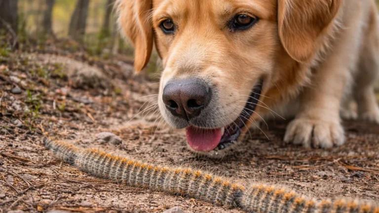 Chien reniflant une procession de chenilles processionnaires au sol, situation à risque pour le museau et la bouche.