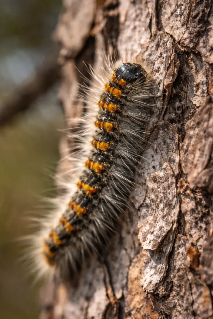 Gros plan d’une chenille processionnaire du pin accrochée à l’écorce d’un arbre, avec ses poils urticants visibles.