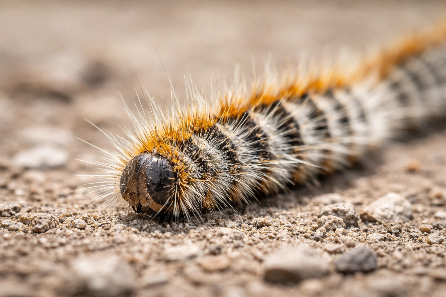 Gros plan d’une chenille processionnaire du pin au sol, avec ses poils urticants visibles. Variante plus descriptive (si tu veux un alt un peu plus riche) Photographie macro d’une chenille processionnaire du pin se déplaçant au sol, montrant ses poils urticants caractéristiques.