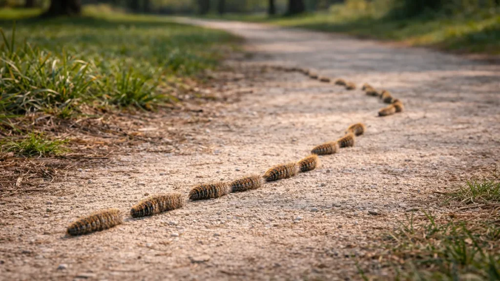 procession courte de chenilles processionnaires du pin avançant au sol sur un chemin, formant une file légèrement discontinue.