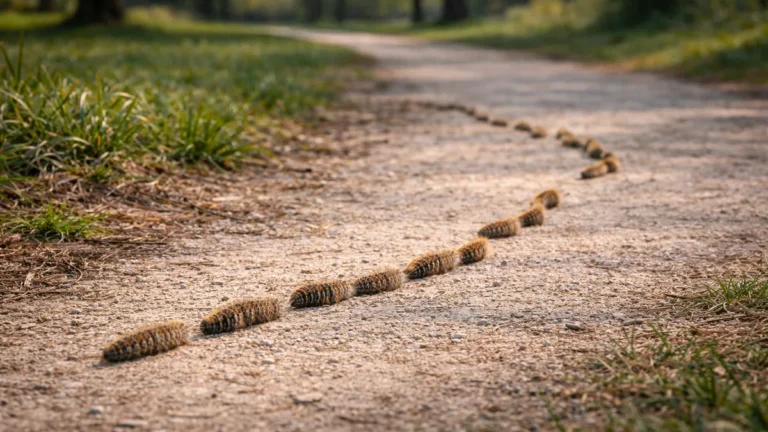 procession courte de chenilles processionnaires du pin avançant au sol sur un chemin, formant une file légèrement discontinue.