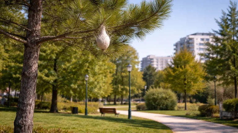 Nid de chenilles processionnaires visible sur un pin dans un parc urbain, relevant de la responsabilité de la collectivité.