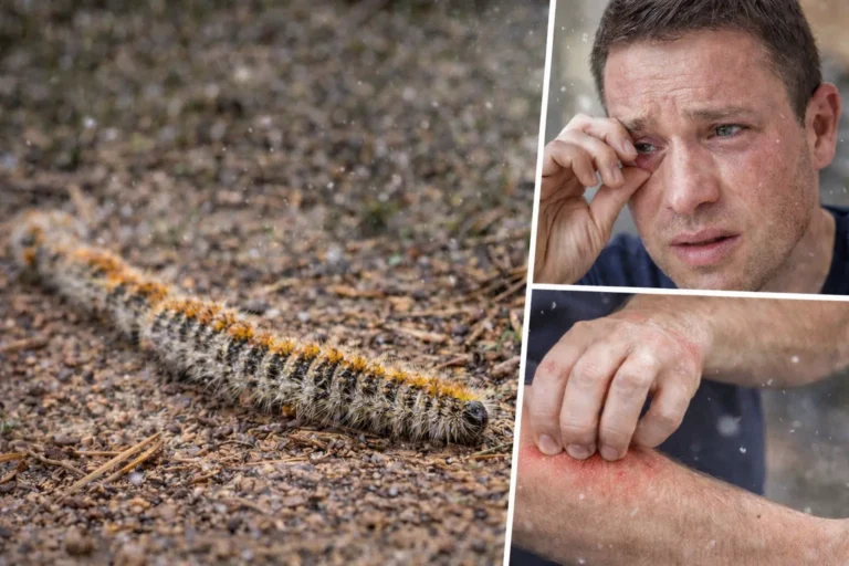 Chenille processionnaire du pin et réactions allergiques chez l’homme, avec irritation des yeux et de la peau causées par les poils urticants.