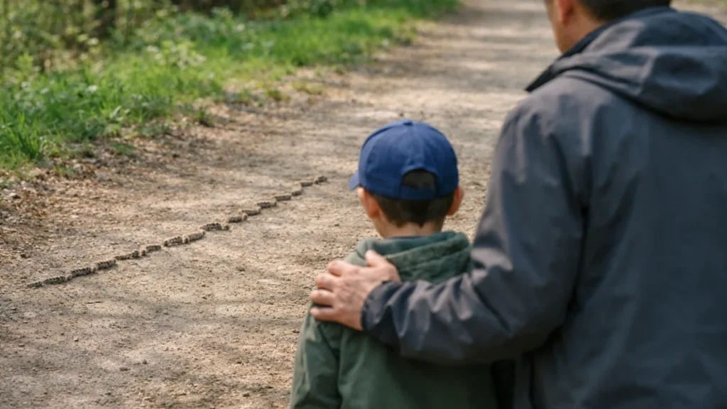 Un adulte retient un enfant à distance d’une procession de chenilles processionnaires visible au sol sur un chemin.
