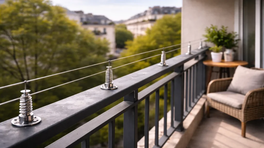Système de fils tendus en inox installé sur la rambarde d’un balcon moderne et bien aménagé.