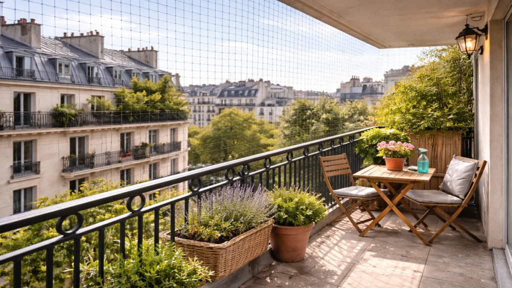 Balcon résidentiel protégé par un filet anti-pigeons transparent et parfaitement installé.
