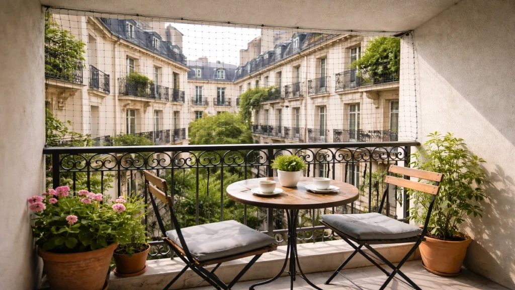ilet anti-pigeons installé sur un petit balcon haussmannien à Paris.