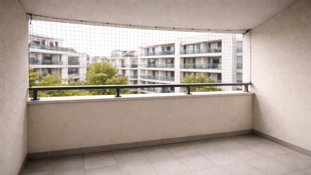 Filet anti-pigeons parfaitement installé sur une terrasse couverte en banlieue parisienne.