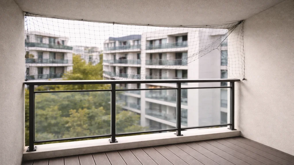Filet anti-pigeons mal posé sur un balcon moderne avec affaissement au centre et espace latéral visible.