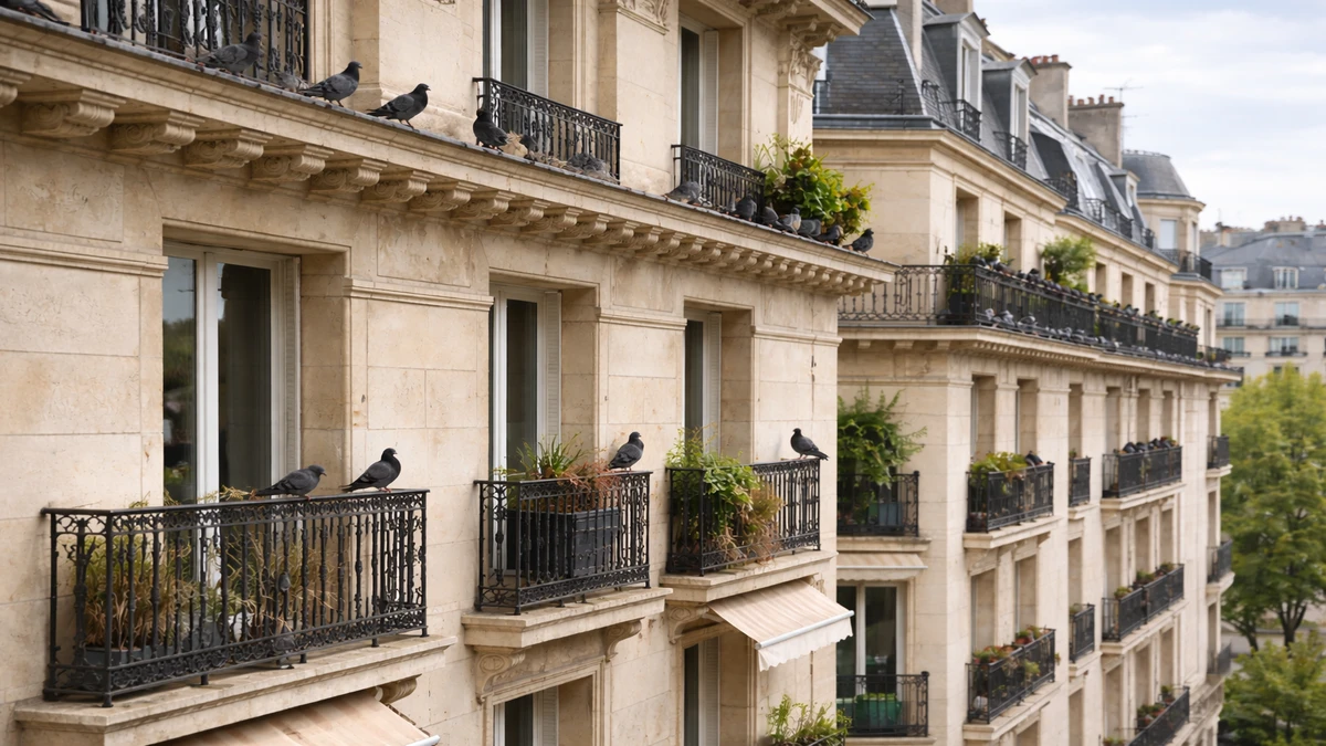 Façade d’immeuble urbain avec plusieurs pigeons posés sur les balcons et corniches.