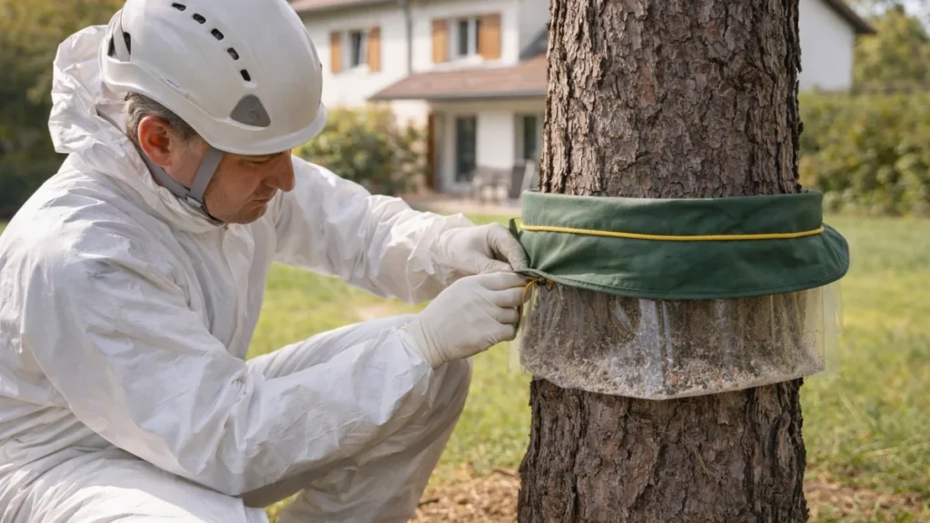 Technicien en combinaison de protection installant un écopiège (collier piège) autour du tronc d’un pin dans un jardin.