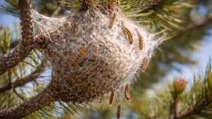 Nid de chenilles processionnaires du pin, formé d’un cocon de soie blanche accroché à une branche de pin.