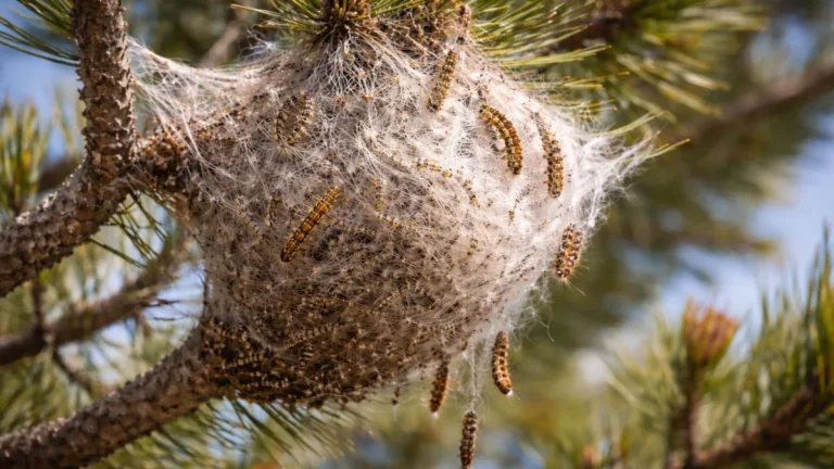 Nid de chenilles processionnaires du pin, formé d’un cocon de soie blanche accroché à une branche de pin.