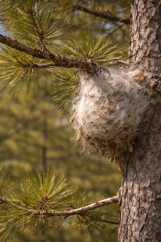 Nid de chenilles processionnaires du pin visible sur un tronc de pin dans un environnement forestier, avec l’arbre en contexte.