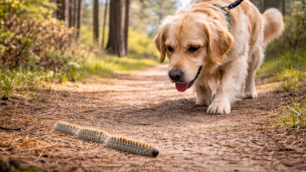 Promenade printanière avec un chien en laisse s’approchant d’une chenille processionnaire au sol, période à risque pour les chiens.