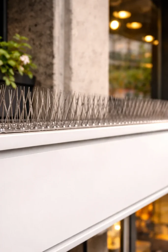 Pics anti-pigeons en acier inoxydable installés sur le dessus d’une enseigne de commerce pour empêcher les pigeons de se poser