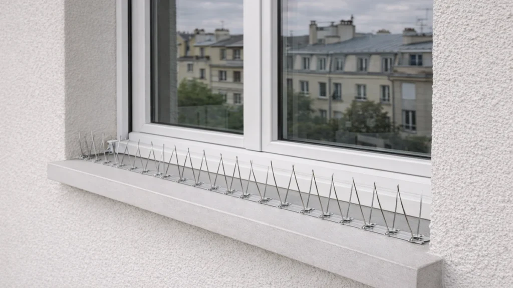 Pics anti-pigeons en inox installés sur l’appui de fenêtre d’une façade résidentielle en France.