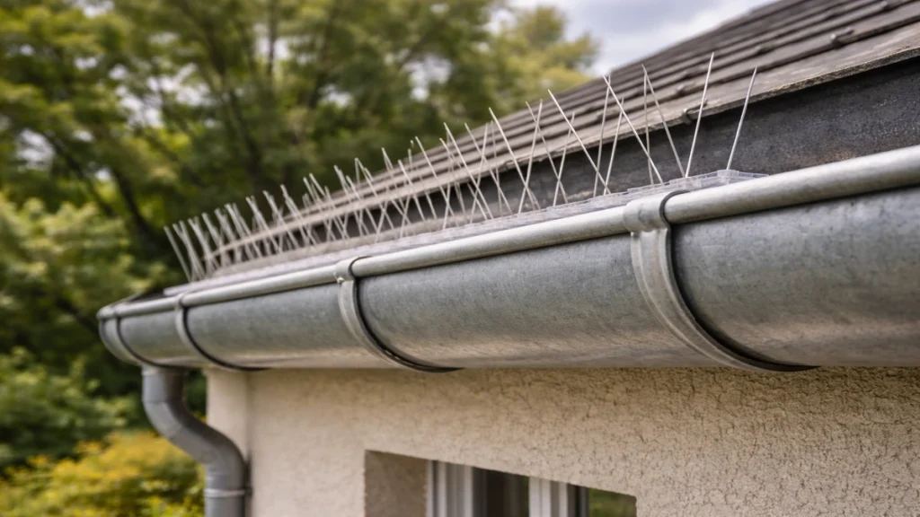 Pics anti-pigeons installés sur une gouttière en zinc d’un pavillon dans les Yvelines, vue légèrement en contre-plongée.