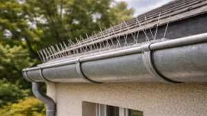 Pics anti-pigeons installés sur une gouttière en zinc d’un pavillon dans les Yvelines, vue légèrement en contre-plongée.