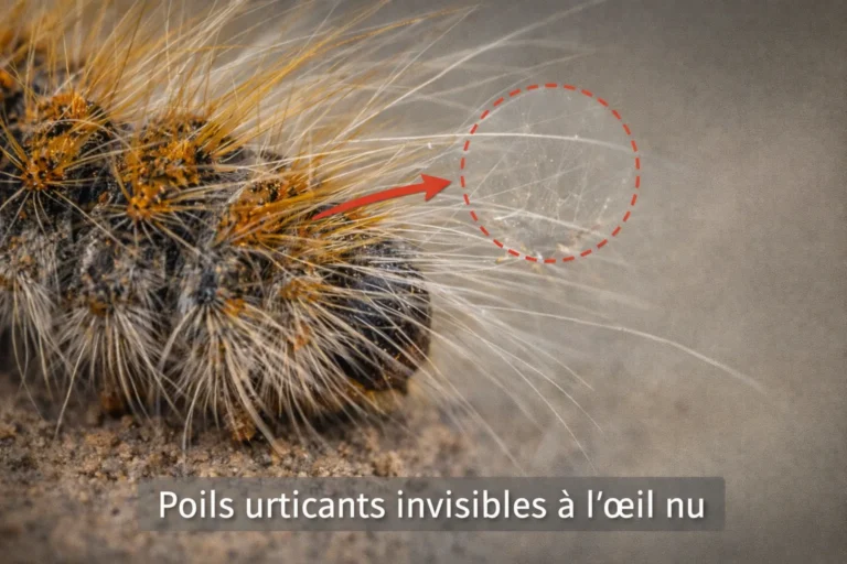 Gros plan des poils urticants microscopiques d’une chenille processionnaire du pin, invisibles à l’œil nu.