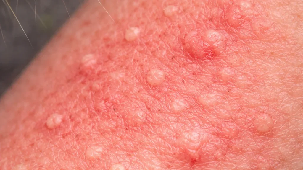 Réaction cutanée (plaques rouges et boutons) due aux poils urticants de la chenille processionnaire, visibles en fines soies au contact de la peau.