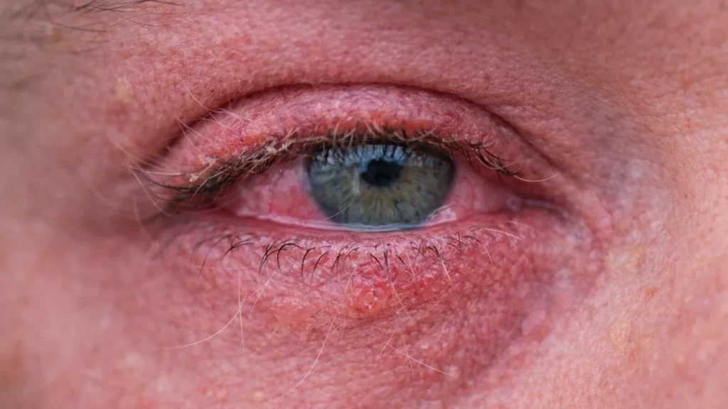 Œil rouge et gonflé après exposition aux poils urticants de la chenille processionnaire, provoquant une irritation oculaire.
