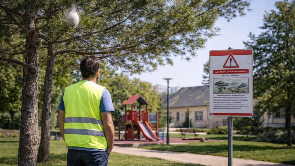 Panneau d’avertissement signalant des chenilles processionnaires dans un parc public, près d’une aire de jeux et d’un pin infesté.