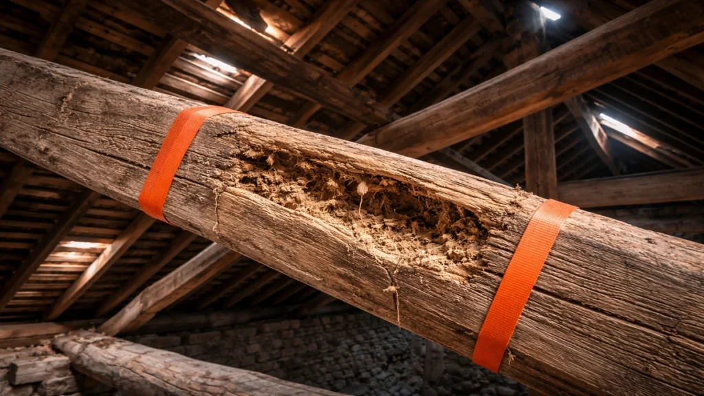 Chevron de charpente gravement endommagé par le capricorne avec une sangle de sécurité temporaire