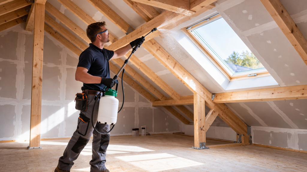 Technicien pulvérisant un traitement préventif sur une charpente neuve en bois clair dans des combles modernes