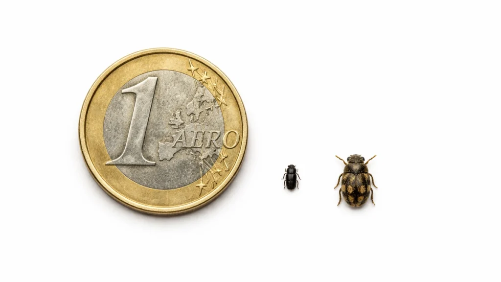 Comparaison à l’échelle entre un Anobium punctatum, un Xestobium rufovillosum et une pièce de 1 euro sur fond blanc