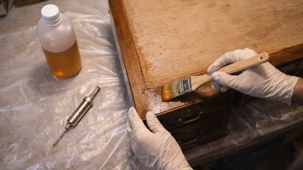 Traitement anti-vrillettes d'un bureau ancien dans un atelier de restauration avec pinceau et produit insecticide