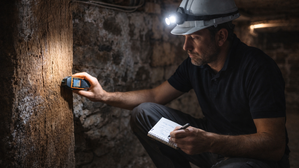 Diagnostiqueur mesurant le taux d'humidité d'une poutre en chêne avec un humidimètre dans une cave en pierre