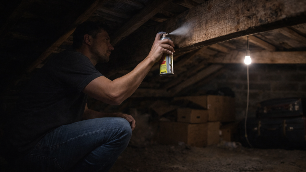 Particulier tentant de traiter sa charpente seul avec une bombe insecticide dans des combles exigus sans protection