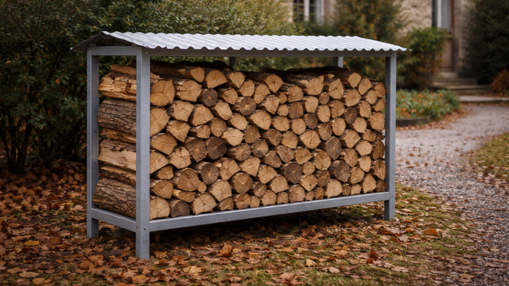 Bûcher métallique surélevé et couvert stockant du bois de chauffage dans un jardin à distance de la maison