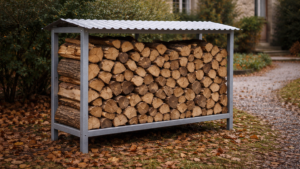 Bûcher métallique surélevé et couvert stockant du bois de chauffage dans un jardin à distance de la maison