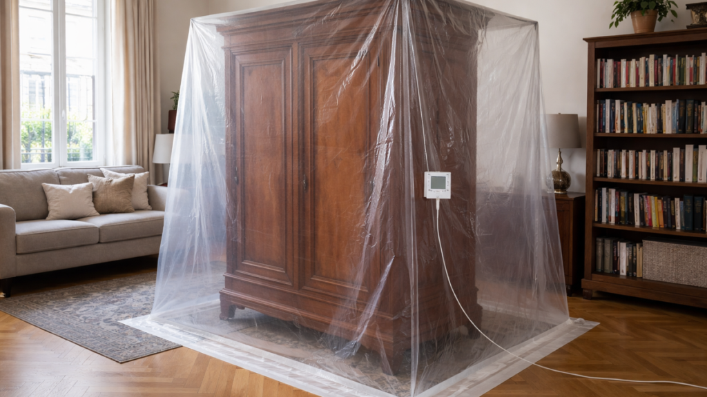 Armoire ancienne emballée dans une tente de fumigation hermétique en plastique dans un salon