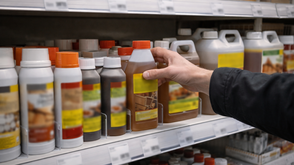 Rayon de produits de traitement du bois dans un magasin de bricolage avec différentes marques et formats