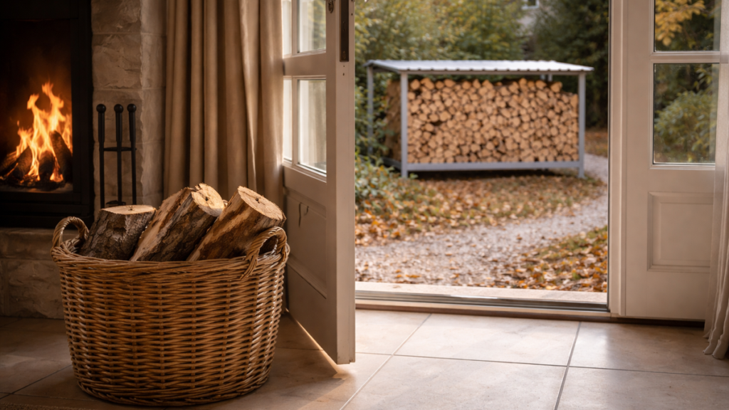 Panier de bûches posé à l'intérieur près d'une porte ouverte donnant sur le stock de bois de chauffage extérieur