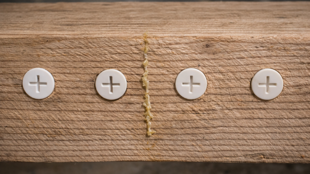 Rangée de chevilles d'injection blanches scellées dans une poutre de charpente traitée espacées de 30 cm