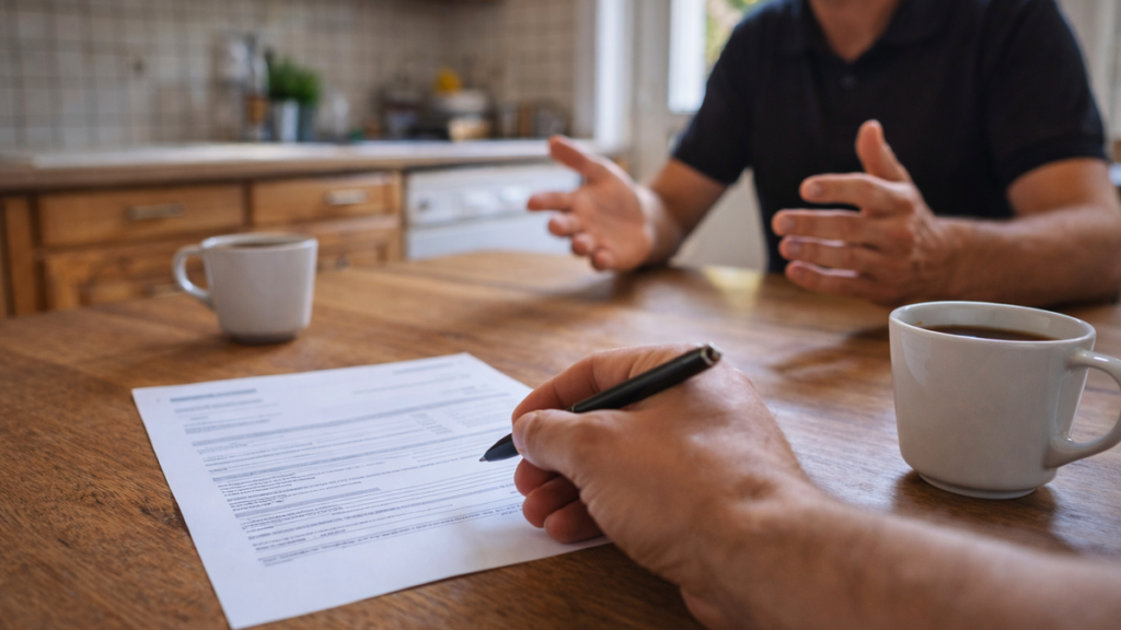 Propriétaire et technicien discutant d'un devis de traitement xylophages autour d'une table de cuisine