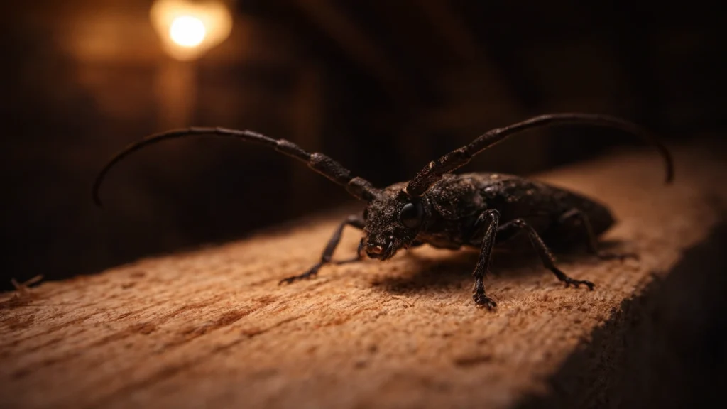 Capricorne des maisons adulte (Hylotrupes bajulus) photographié en macro sur une poutre de pin brut