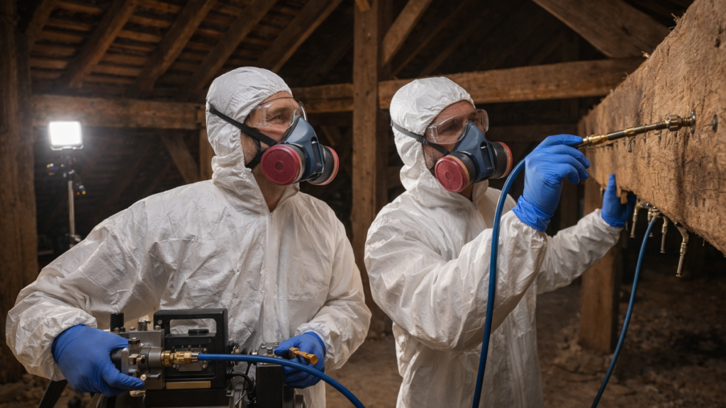 Deux techniciens en combinaison traitant une charpente par injection sous pression dans des combles