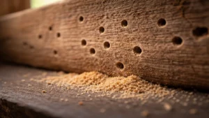 trous de sortie d’insectes xylophages avec sciure de bois sur une poutre de charpente.