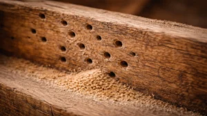 Poutre de charpente infestée par des insectes xylophages avec trous de sortie et sciure.