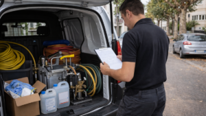 technicien anti-nuisibles préparant son matériel d'injection à l'arrière d'un utilitaire blanc avant une intervention