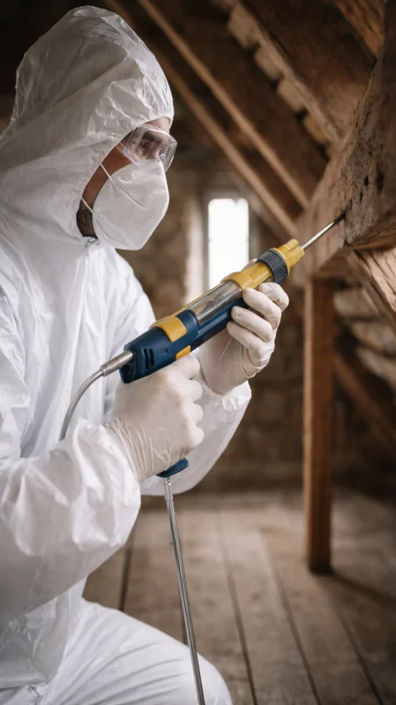 Technicien de traitement du bois injectant un produit dans une poutre de charpente dans un grenier.