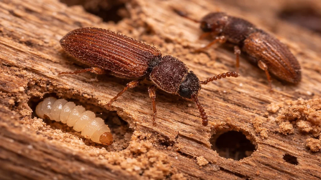 Pest control expert in blue polo shirt inspecting wooden roof structure with a flashlight and a small hammer for sounding test. French traditional timber frame attic, aged wooden beams. Professional but approachable appearance, concentrating on his work. Warm ambient lighting mixed with flashlight beam. Realistic photography, environmental portrait style.